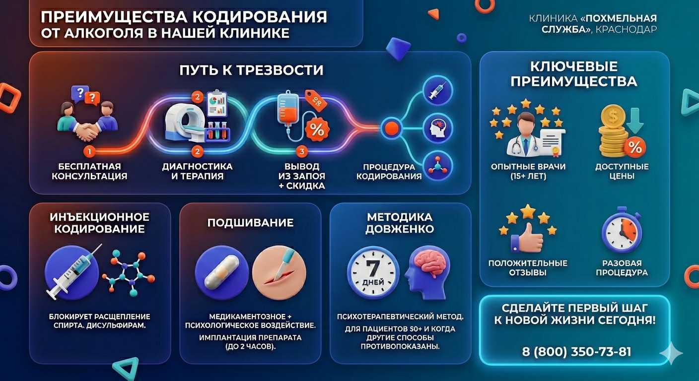 Инфографика о методах кодирования от алкоголя в Элисте: инъекции, подшивание, метод Довженко. Преимущества клиники и этапы лечения.