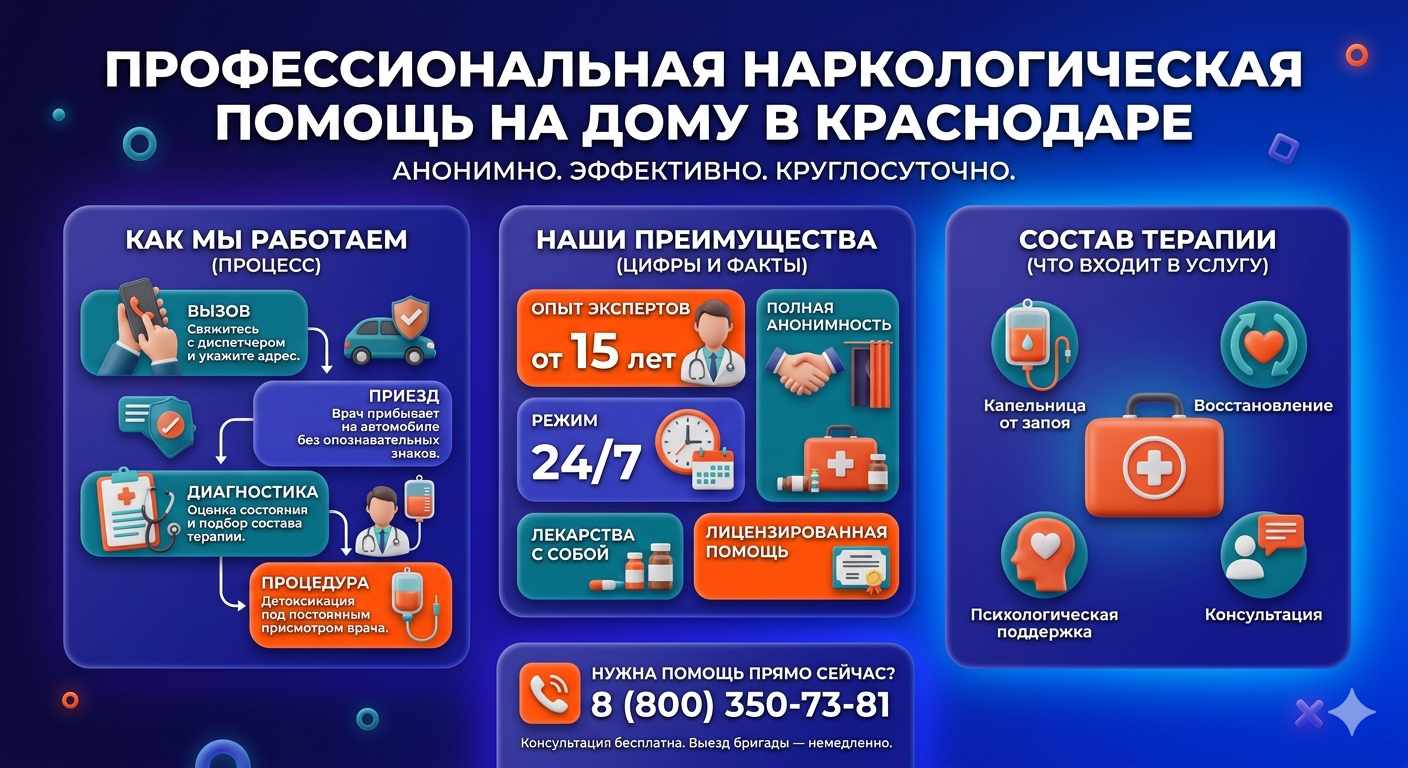 Инфографика о принципах лечения алкоголизма на дому в Элисте: этапы вызова нарколога, преимущества анонимной детоксикации и состав медицинской помощи.